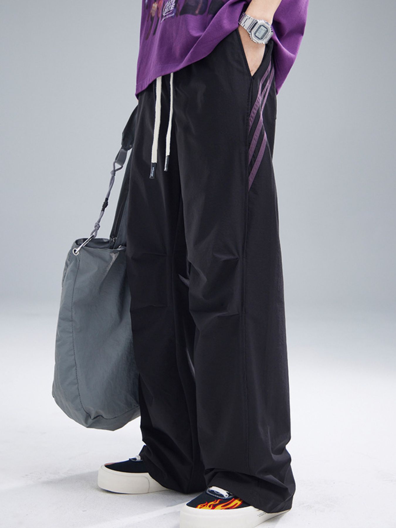 Men's Drawstring Ruched Pants with Side Stripes