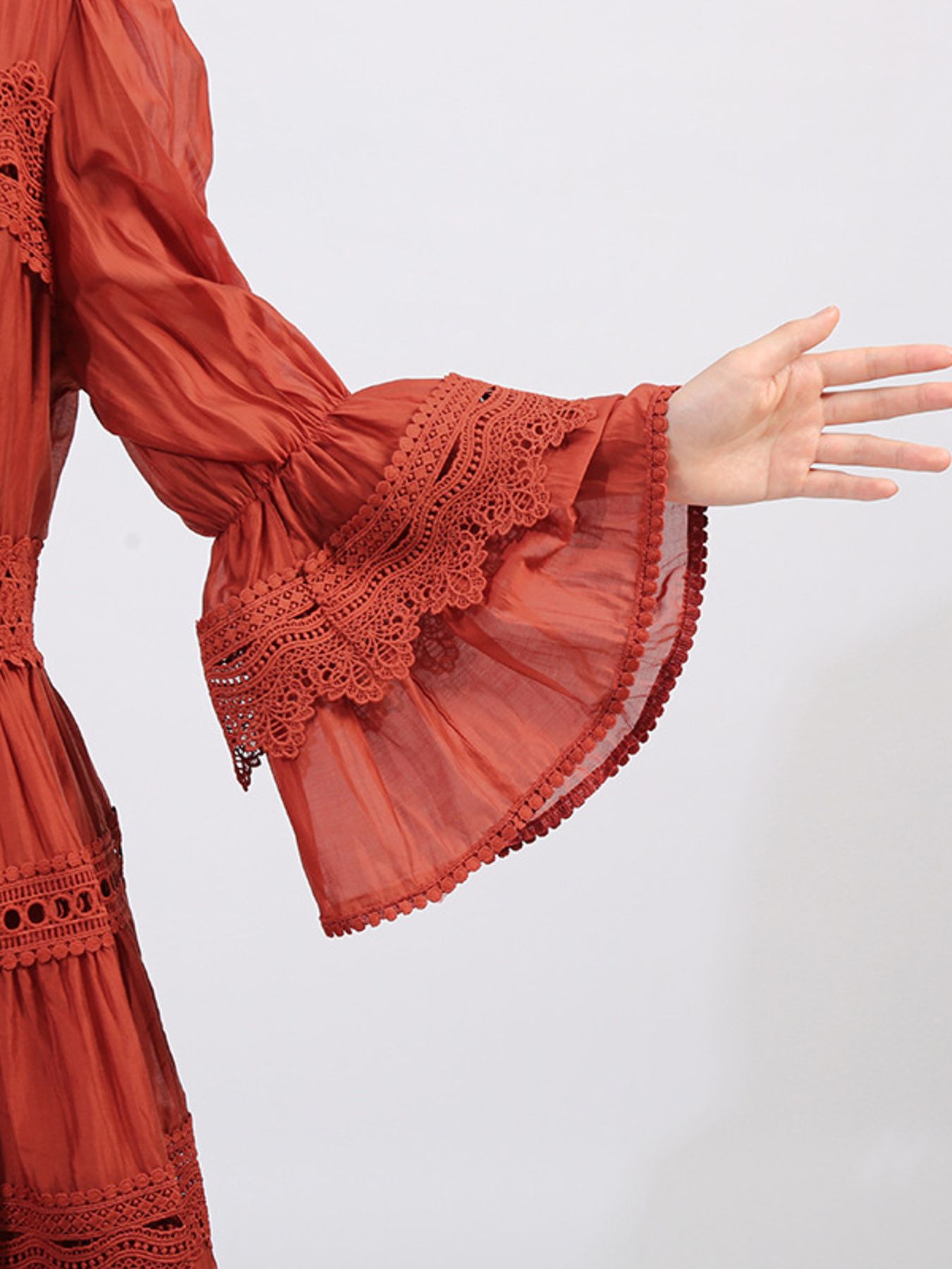 Ruffle Lace Trim Long Sleeve Dress