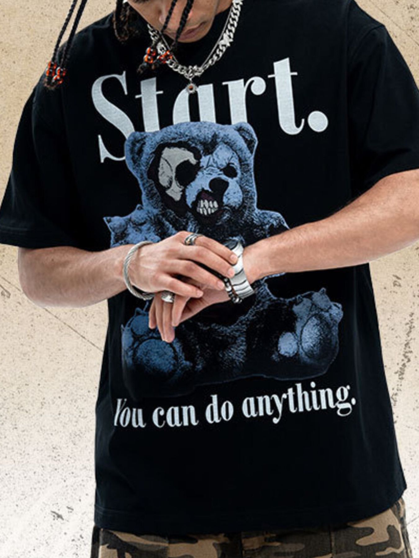 Men's Teddy Bear Graphic Round Neck Oversized T-Shirt