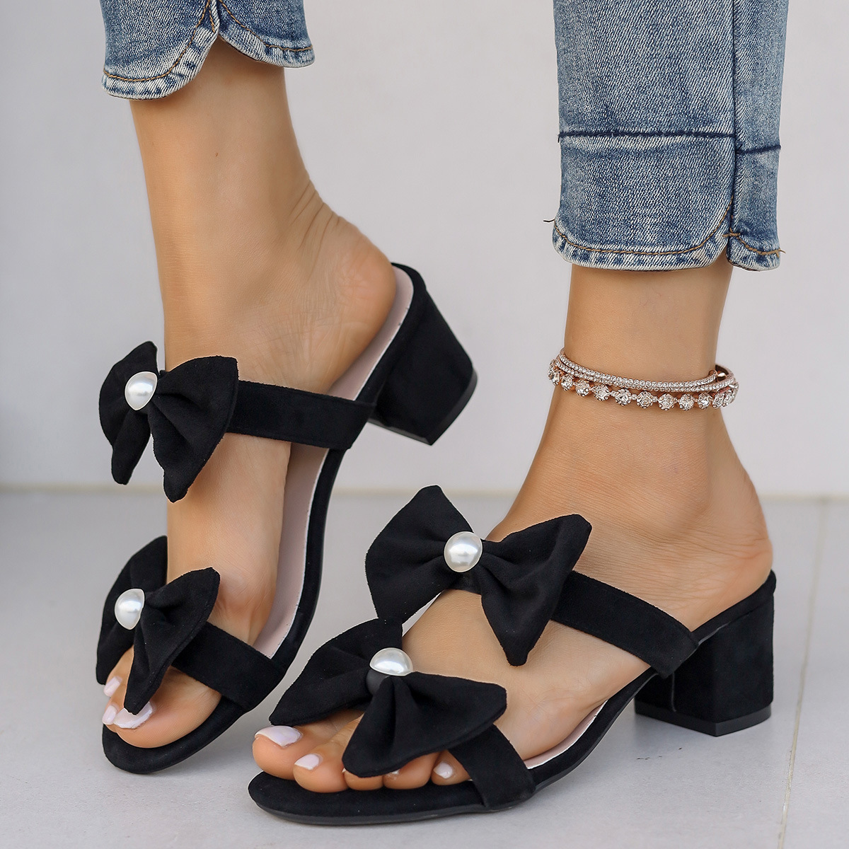 Double Bow Open Toe Block Heel Sandals