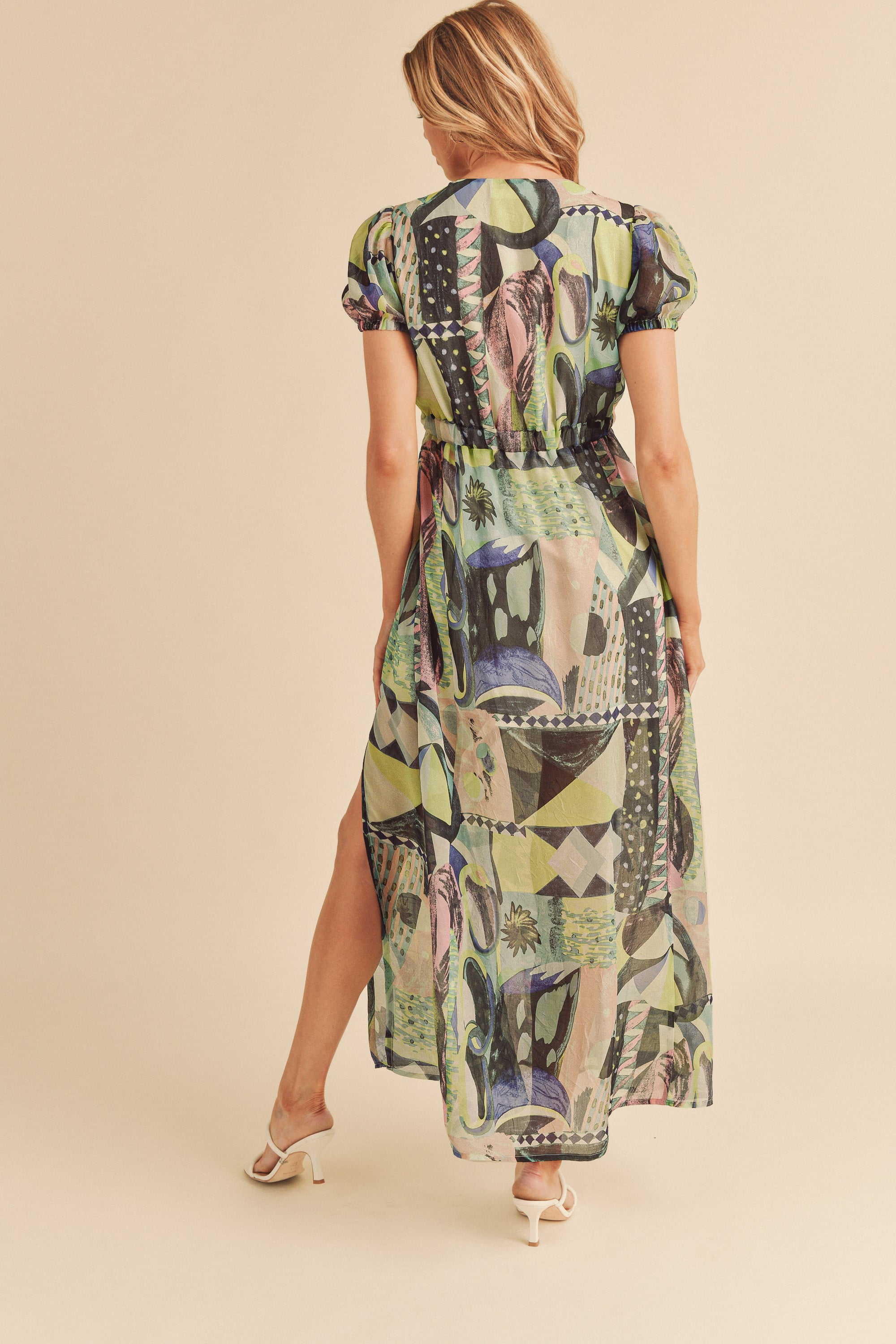 Lace Detail Slit Geometric Print Short Sleeve Maxi Dress