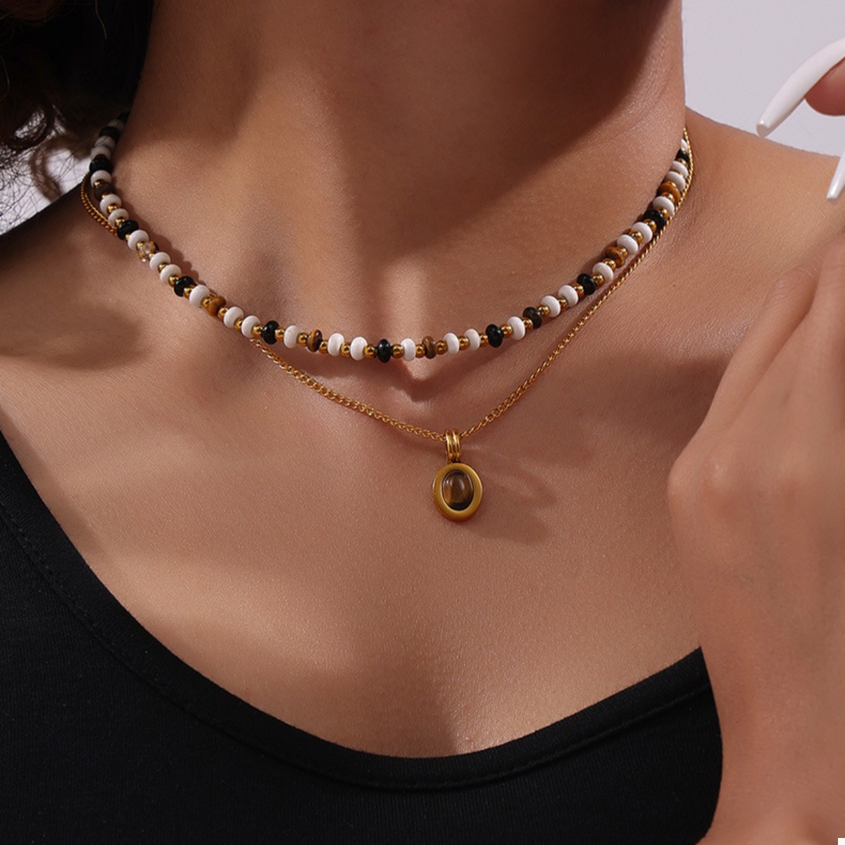 2 Piece Natural Stone and Gold Chain Necklace with Pendant
