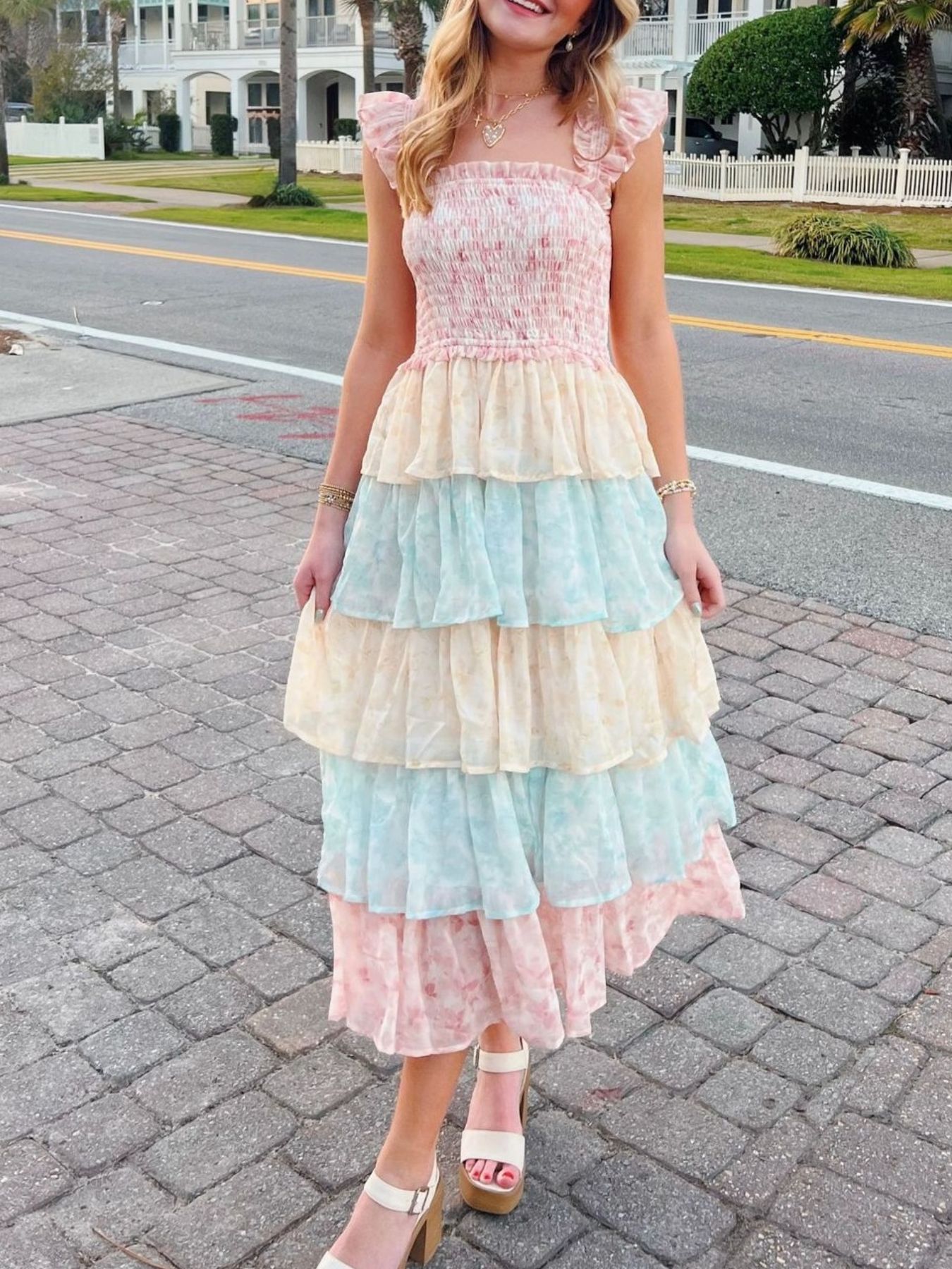 Smocked Ruffle Layered Floral Midi Dress