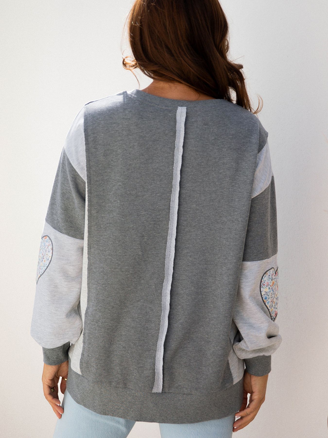 LOVE Graphic Exposed Seam Patchwork Uneven Hem Chic Sweatshirt