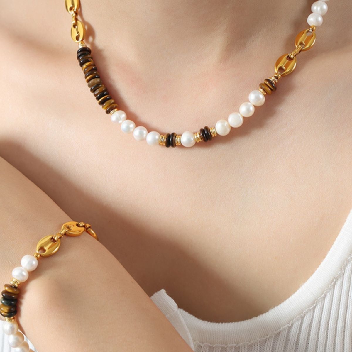 Tiger's Eye Freshwater Pearl 18K Gold-Plated Bead Necklace