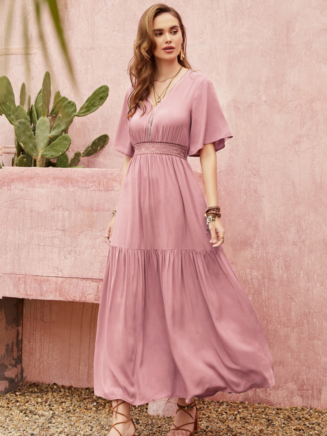 Lace Detail V-Neck Short Sleeve Dress