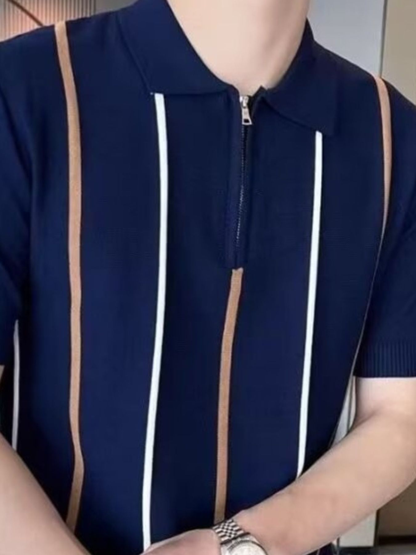 Men's Full Size Striped Zip Collar Short Sleeve Knit Polo Shirt Plus Size
