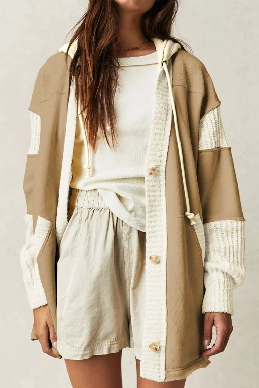 Color Block Knit Trim Drawstring Hoodie