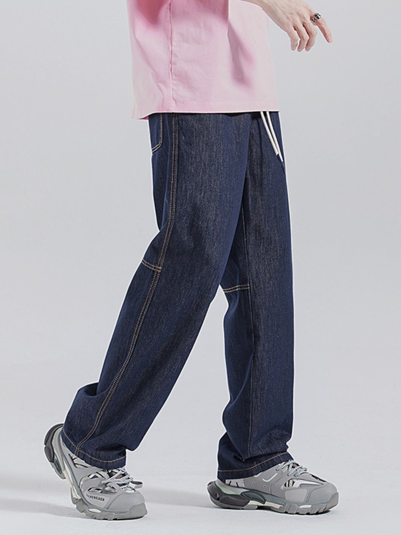 Men's Drawstring Washed Wide Leg Jeans