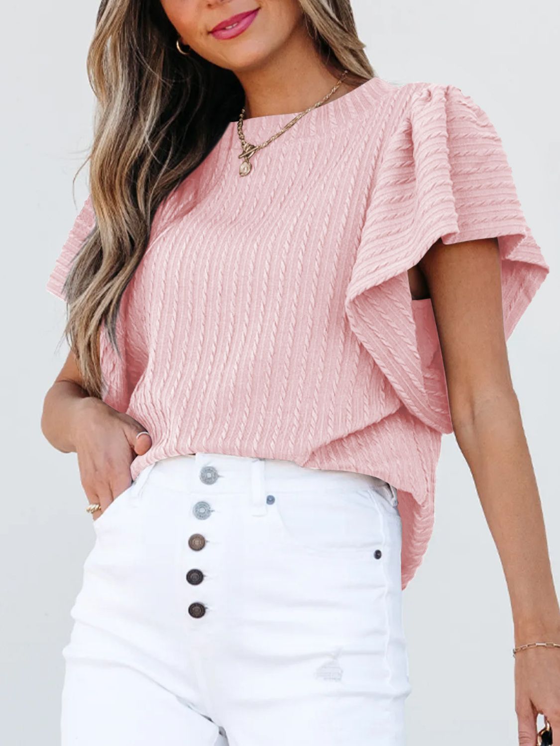 Round Neck Ruffle Sleeve Top
