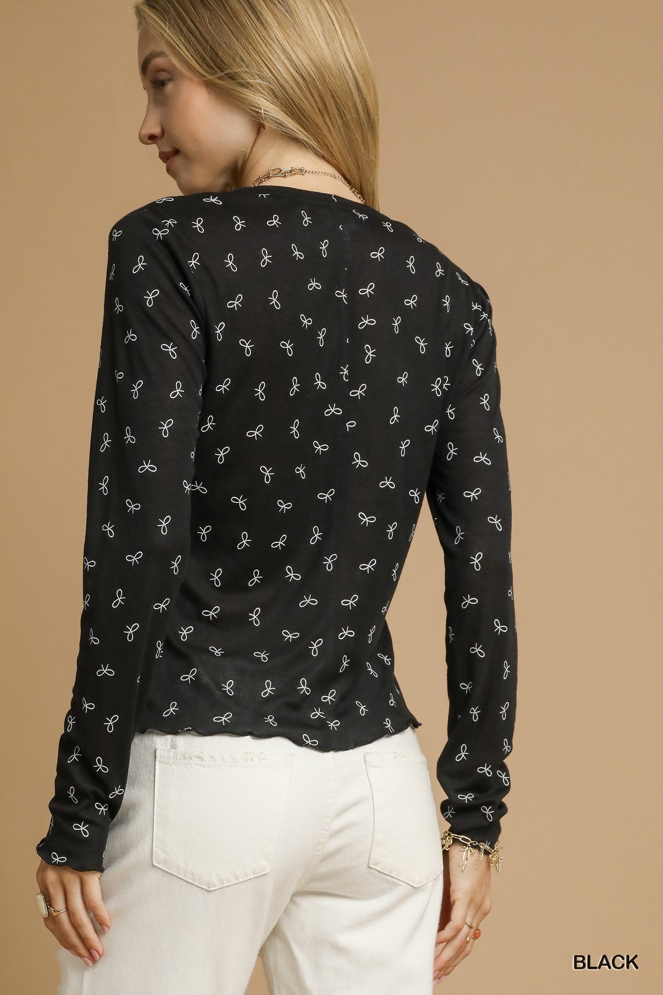 Umgee Bow Print Lightweight Knit Top