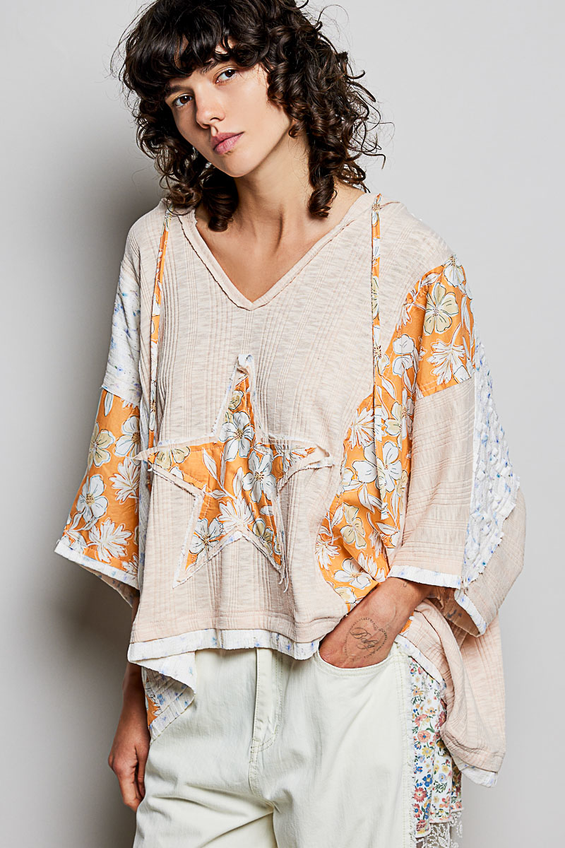 Floral Star Patch Hooded Blouse with Lace Contrast Detail