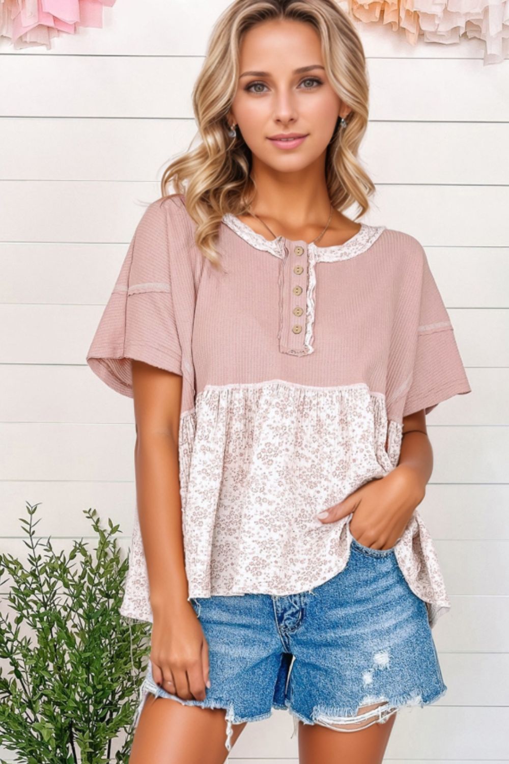 Waffle Floral Patchwork Exposed Seam Detail Short Sleeve Top