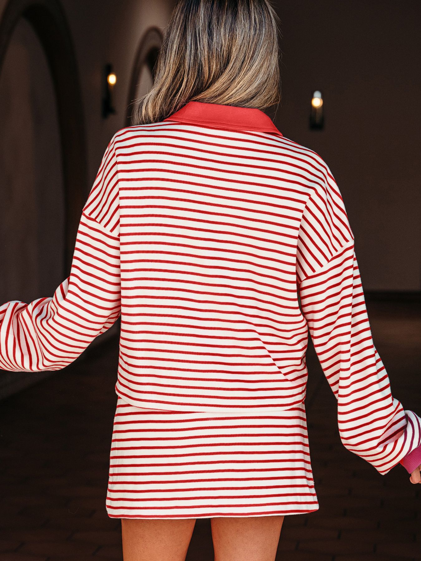 Stripe Collared V Neck Drop Shoulder Pullover and Skort 2pcs Outfit