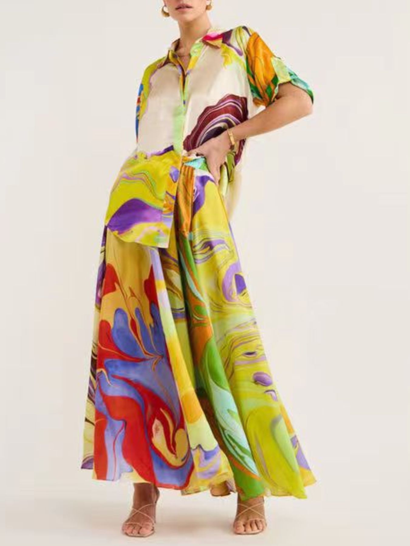 Printed Button Up Shirt and Skirt Set