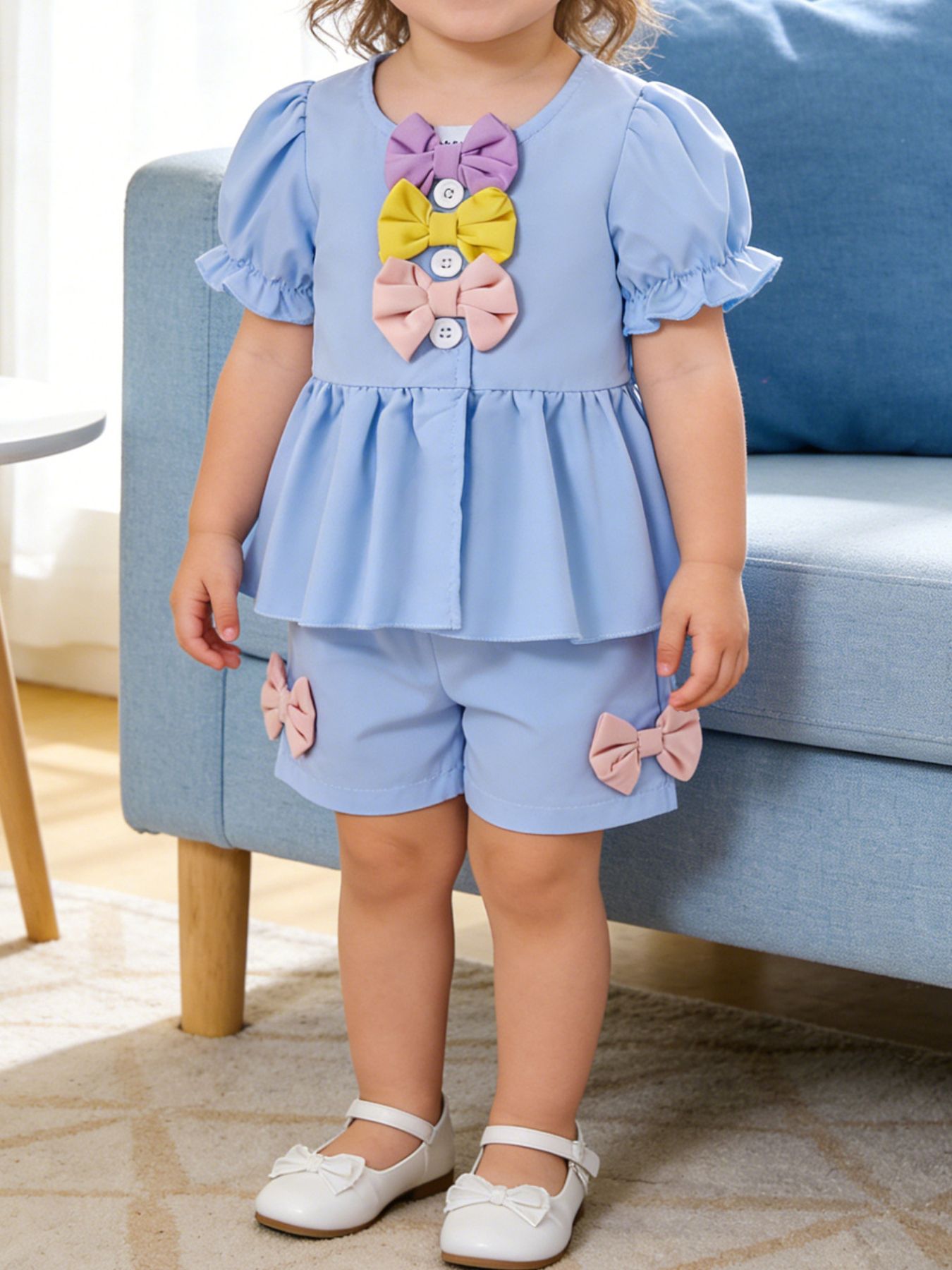 Children's Bow Puff Sleeve Top and Shorts Set