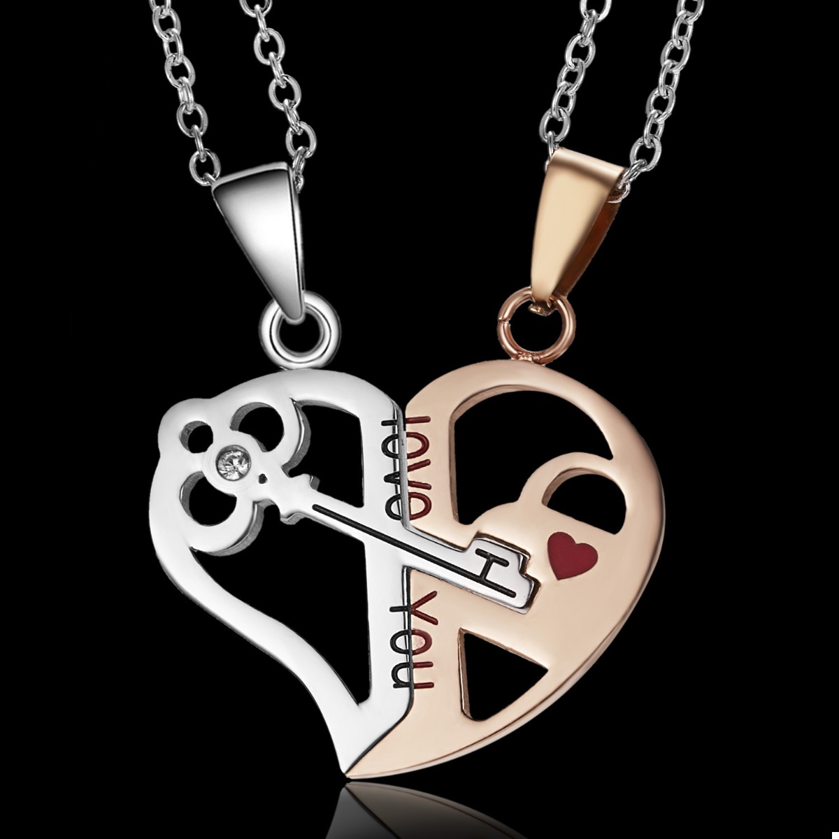 2 Piece Couple Heart Lock Key Necklace