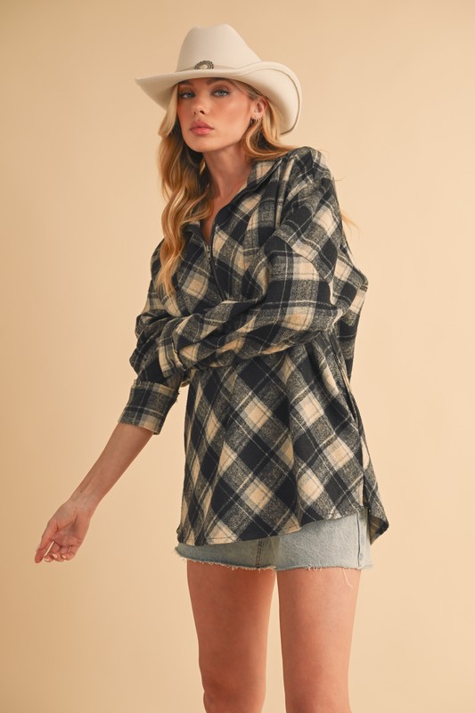 Slit Plaid Half Zip Drop Shoulder Top