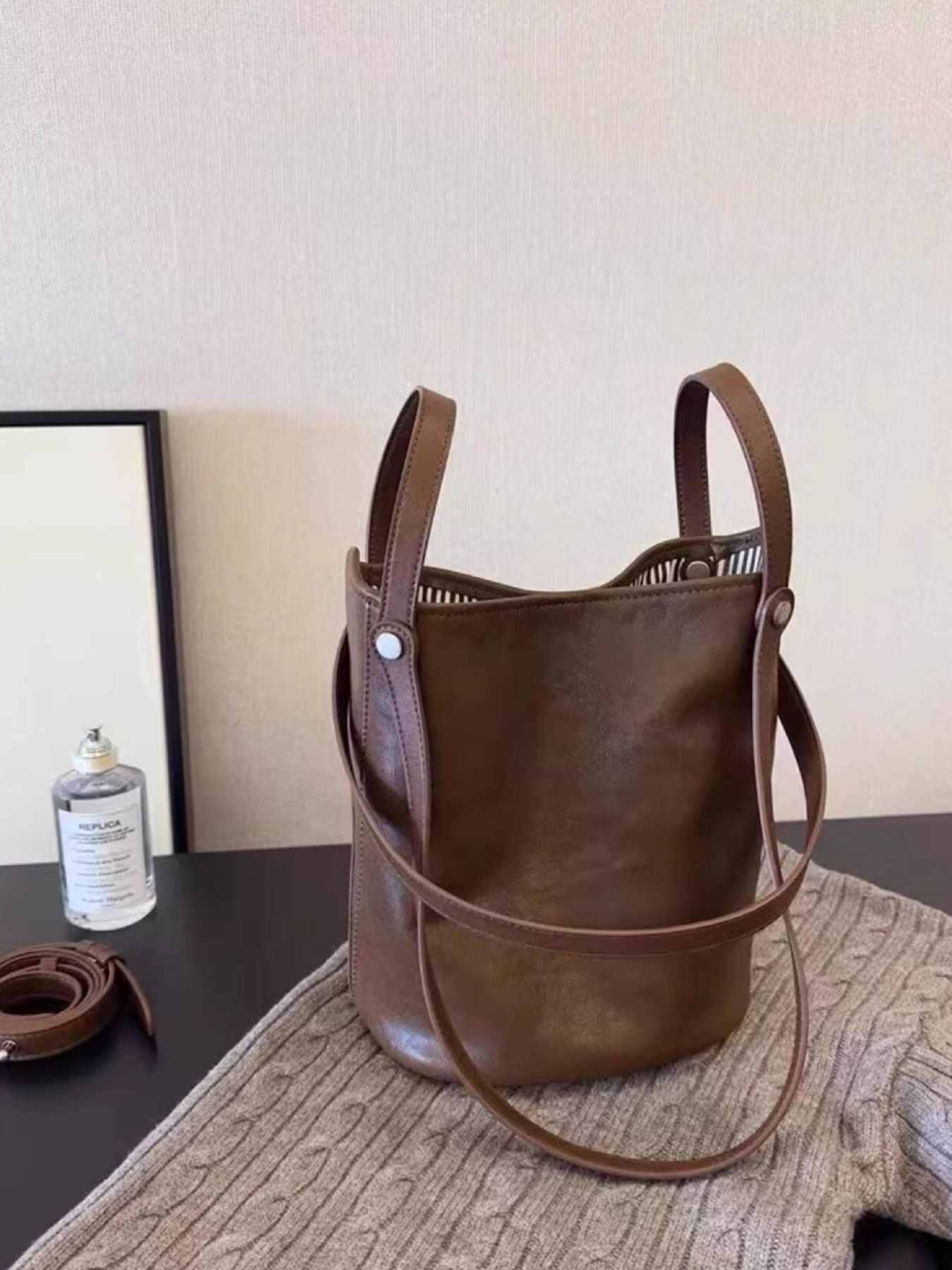 Leather Bucket Tote Bag