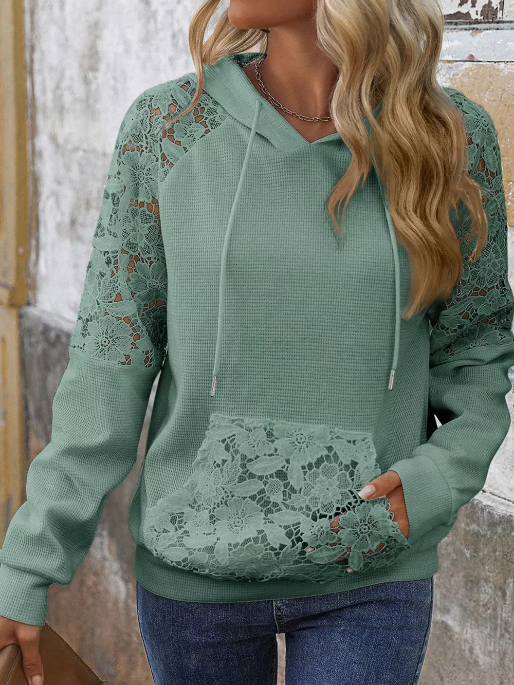 Lace Detail Drawstring Long Sleeve Hoodie