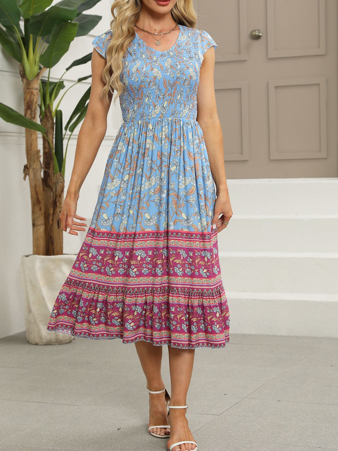 Printed Round Neck Cap Sleeve Dress