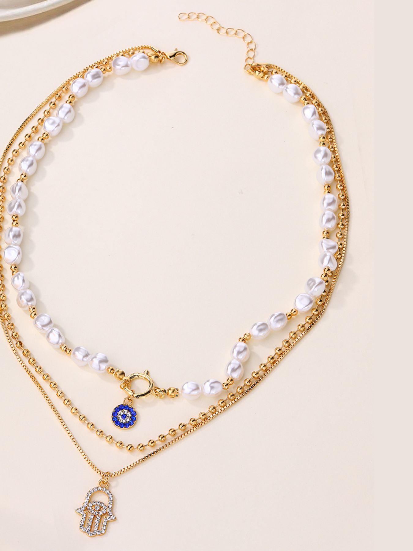 Layered Pearl Chain Evil Eye Hamsa Pendant Necklace