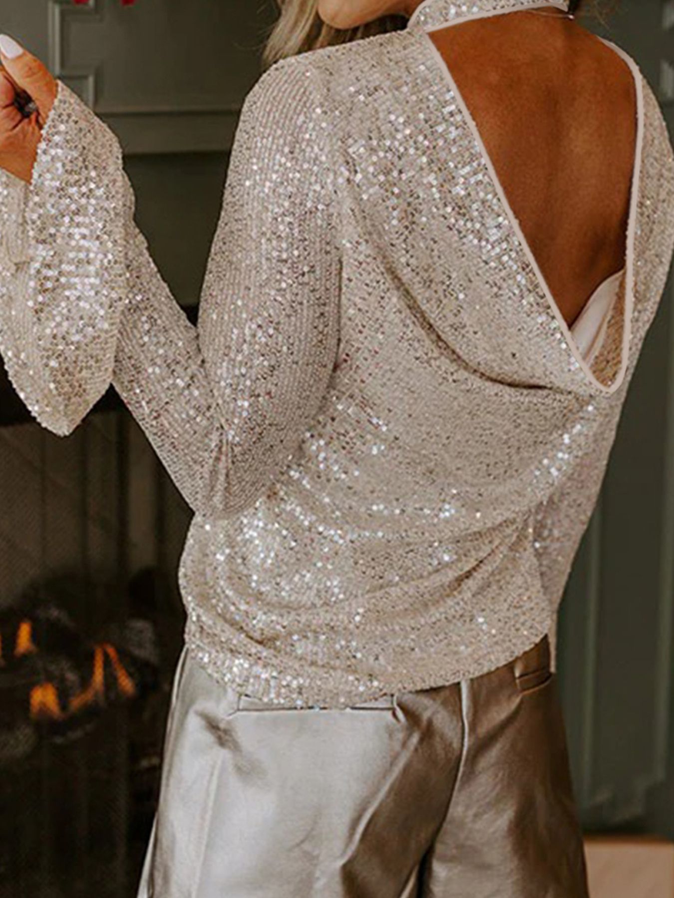 Sequin Mock Neck Bell Sleeve Top