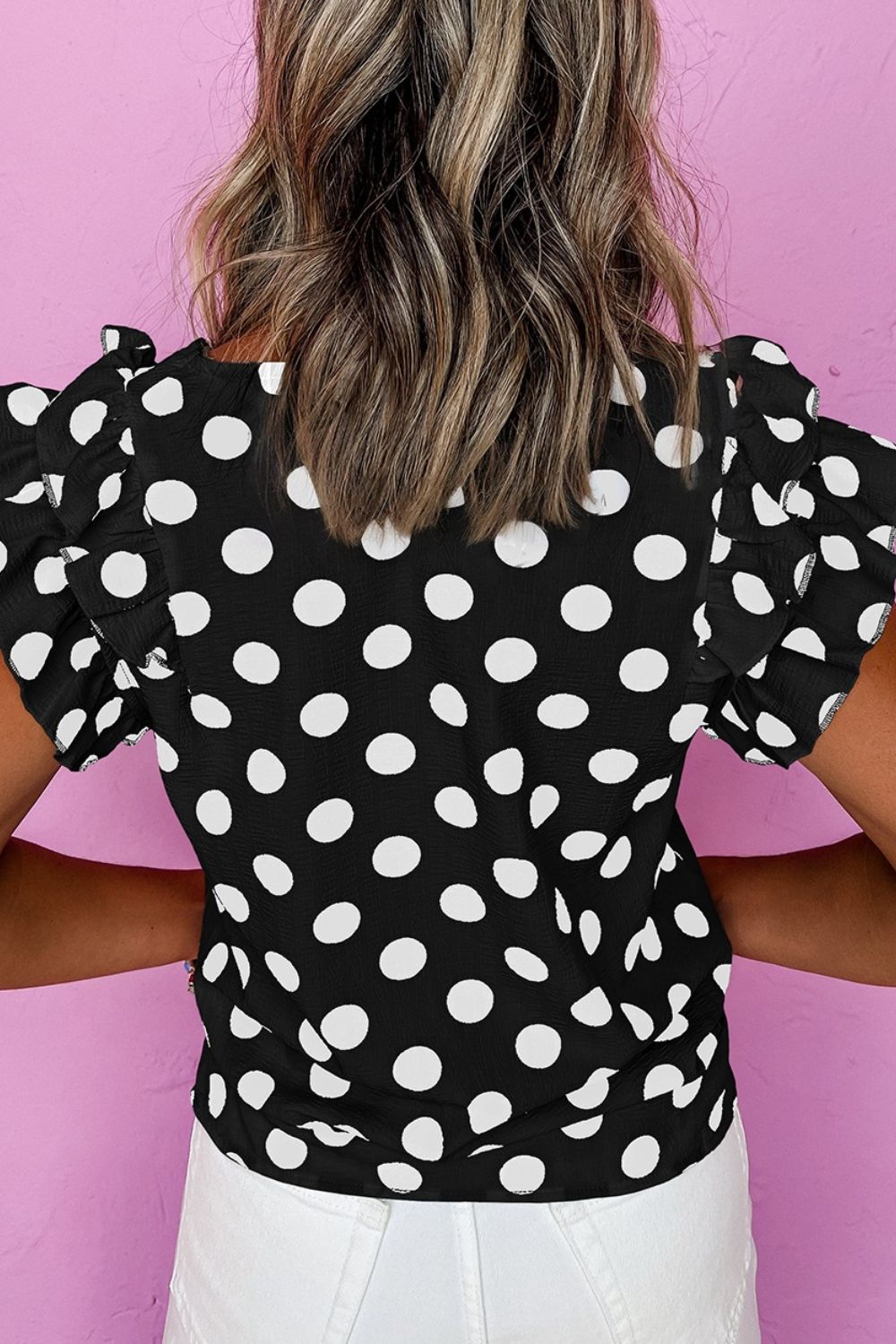 Polka Dot V-Neck Ruffle Cap Sleeve Blouse