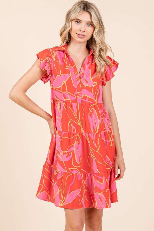 Leaf Print Ruffle Sleeve Tiered Mini Dress