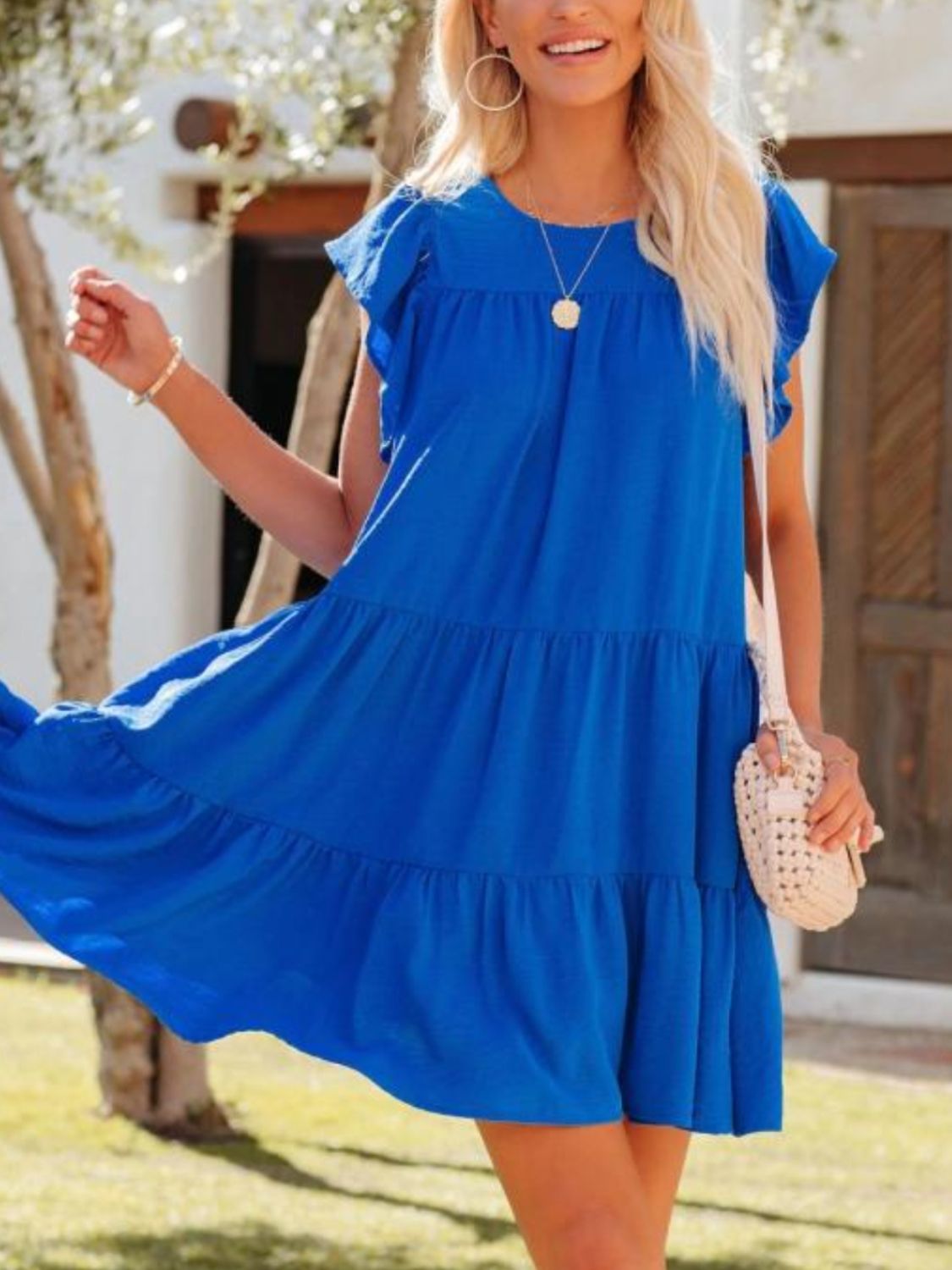 Ruffled Round Neck Cap Sleeve Mini Dress