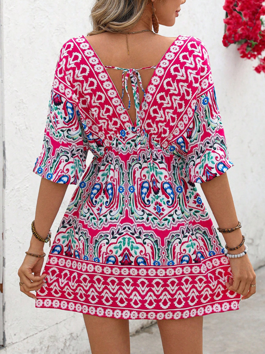 Printed Tie Back Half Sleeve Mini Dress
