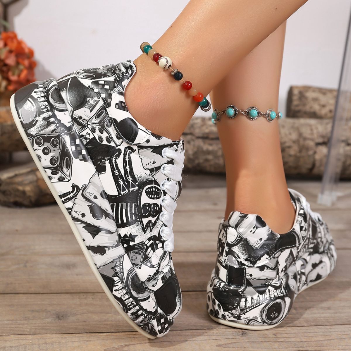 Abstract Print Lace Up Sneakers