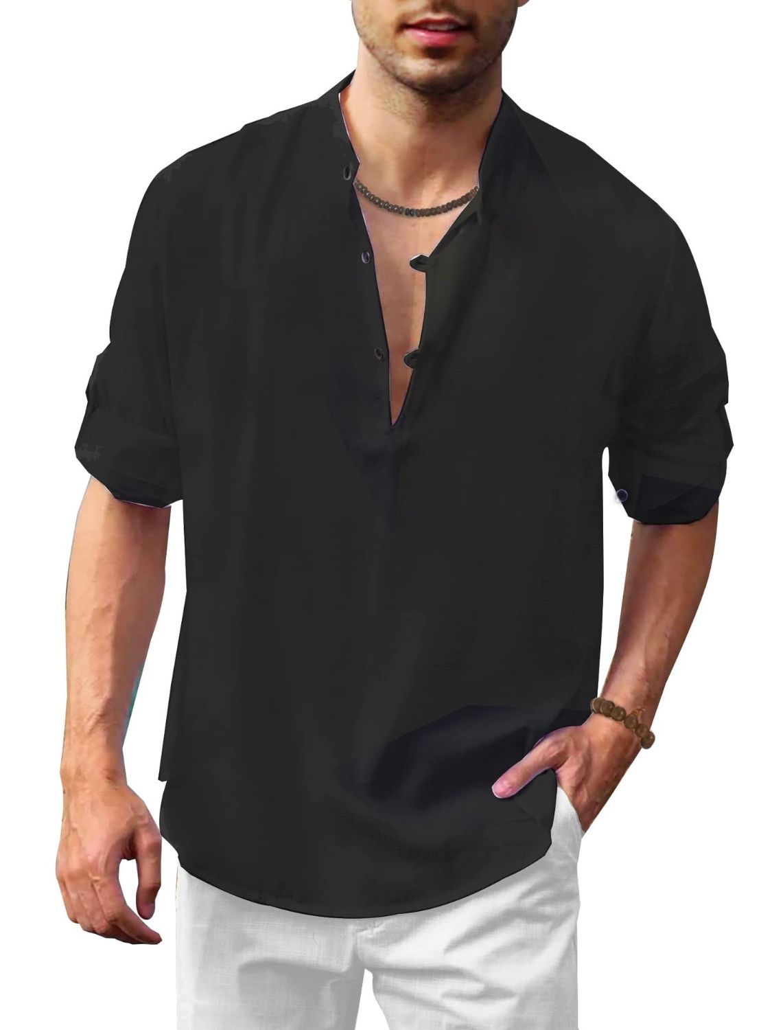 Men's Full Size Button Detail Roll-Tab Sleeve Top Plus Size