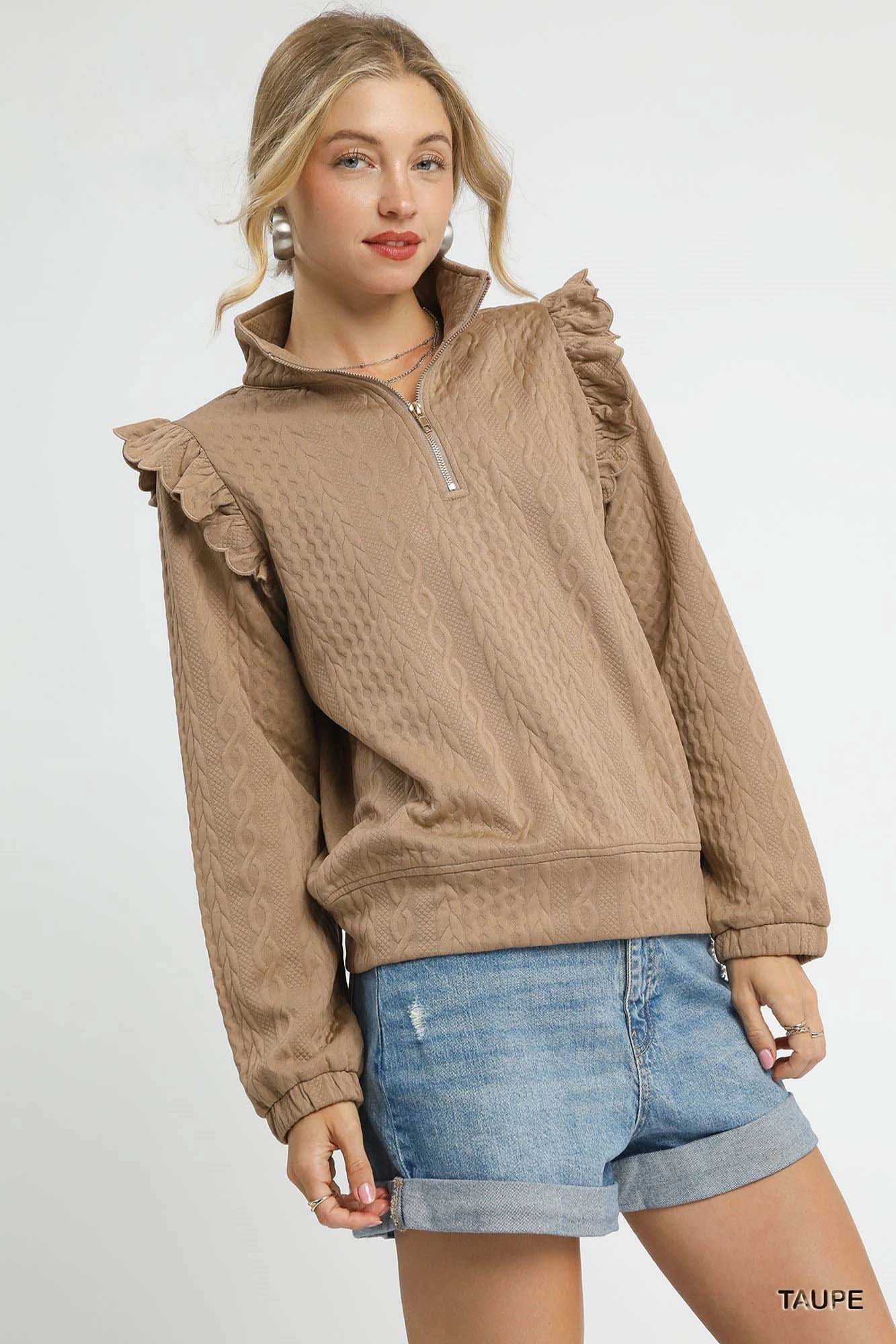 Umgee Cable Knit Textured Pullover with Ruffle Shoulders