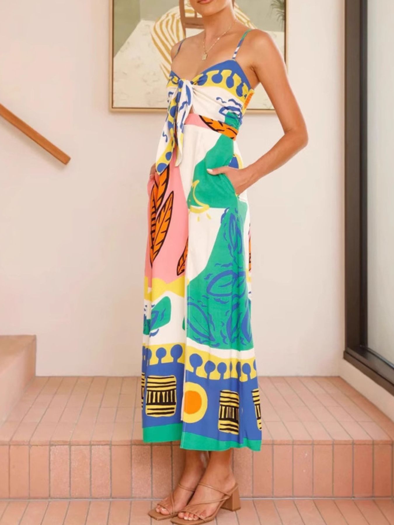 Tied Front Printed Slit Maxi Cami Dress