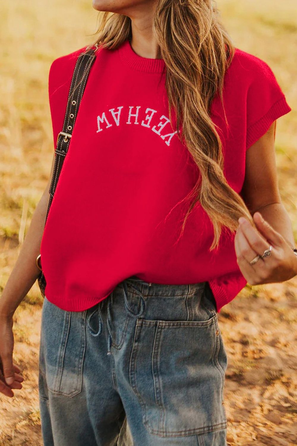 Letter Embroidered Sleeveless Knit Sweater Vest