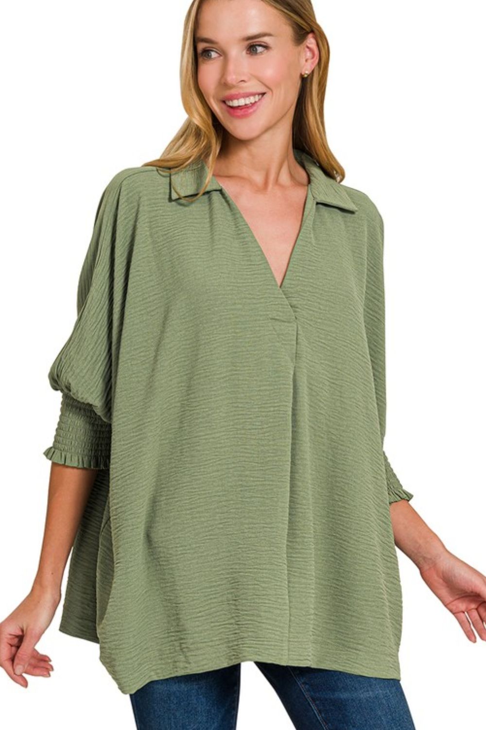 Airflow Collar Tee with Smocked Sleeve Band Top