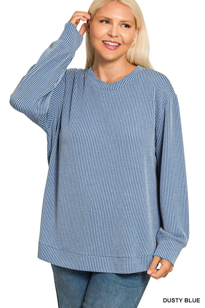 Full Size Raised Rib Round Neck Long Sleeve Top Plus Size