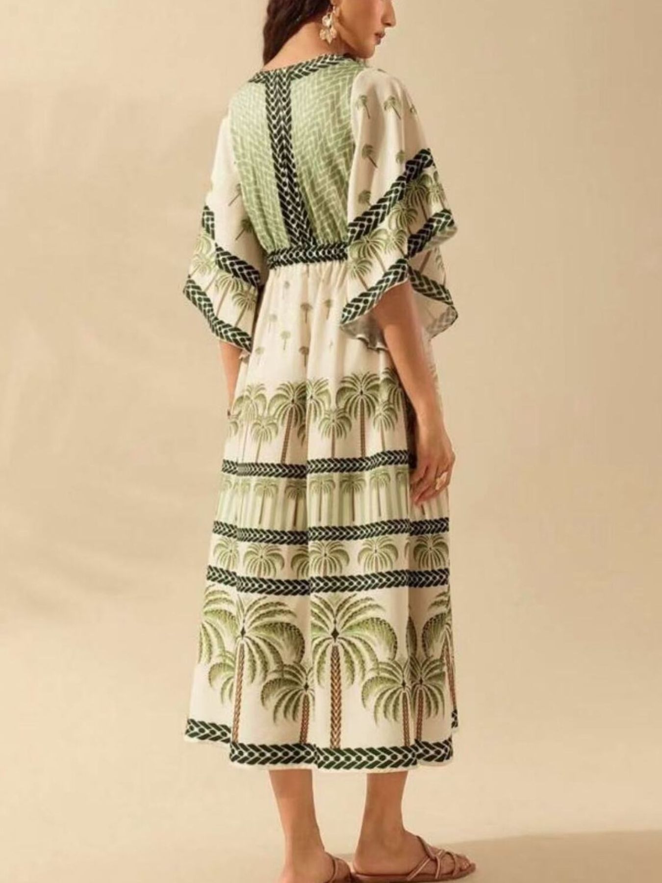 Palm Print V-Neck Midi Dress