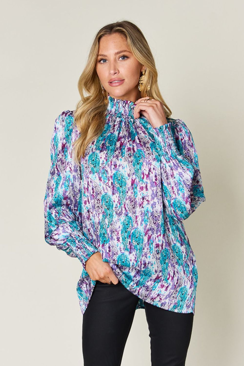 Double Take Full Size Printed Smocked Long Sleeve Blouse 1