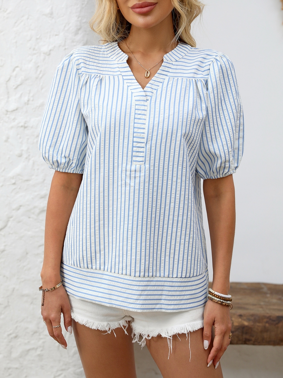 Striped Notched Puff Sleeve Blouse