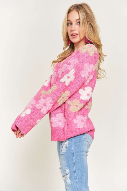Full Size Floral Popped 2-Tone Sweater Top Plus Size