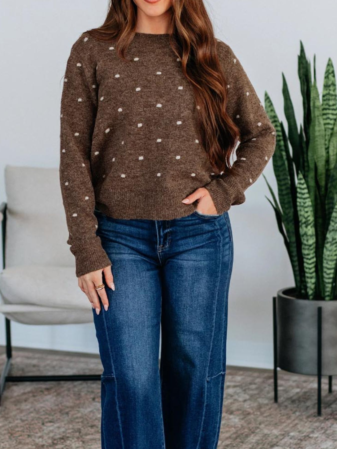 Dotted Print Ribbed Edge Knit Sweater