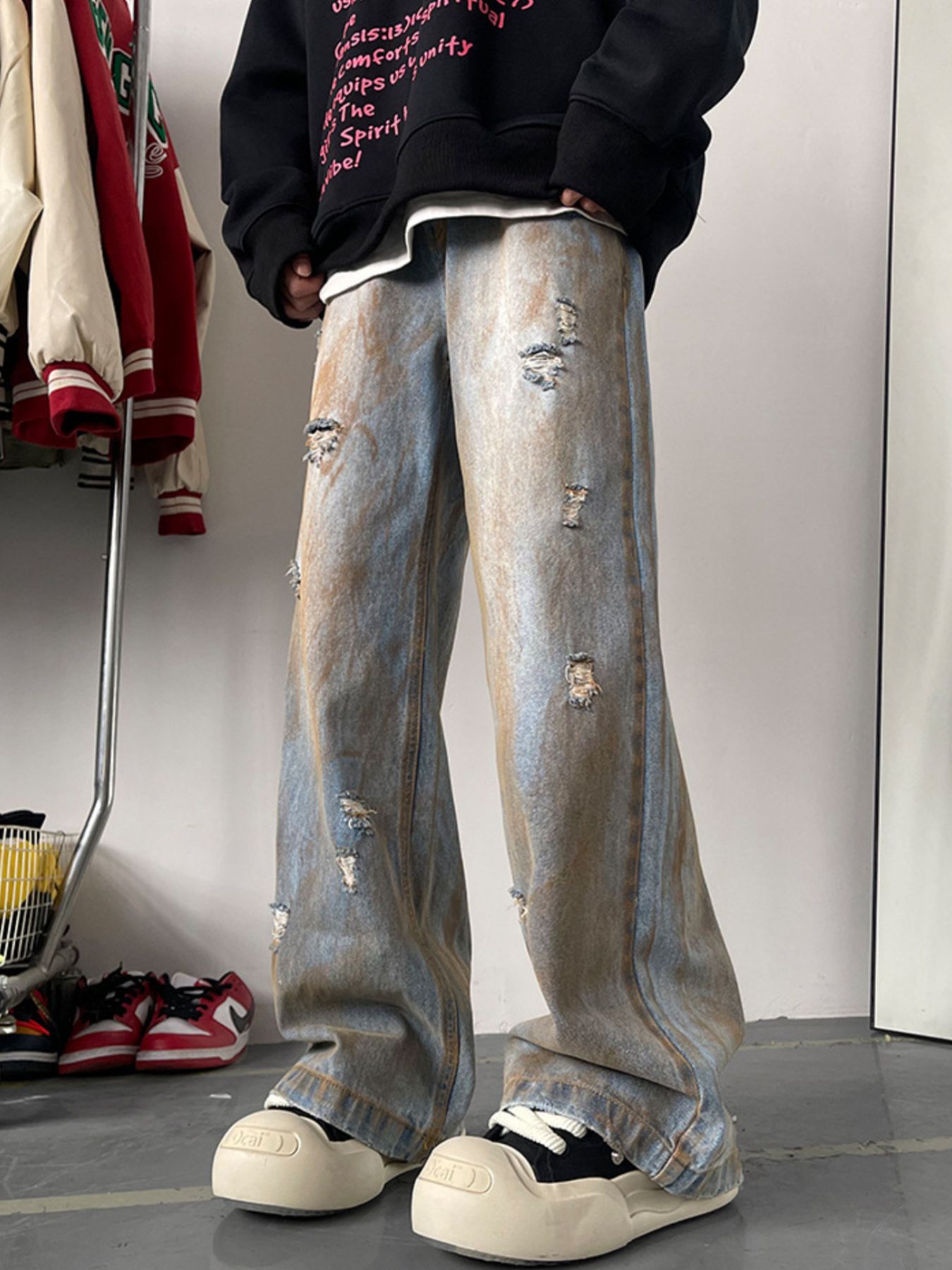 Men's Full Size Distressed Wide Leg Jeans Plus Size