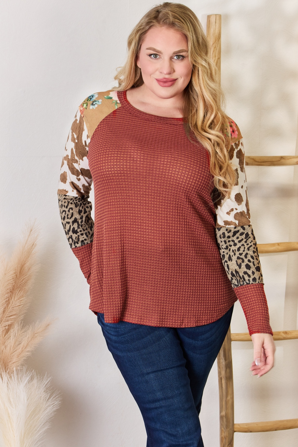 Full Size Leopard Waffle-Knit Blouse