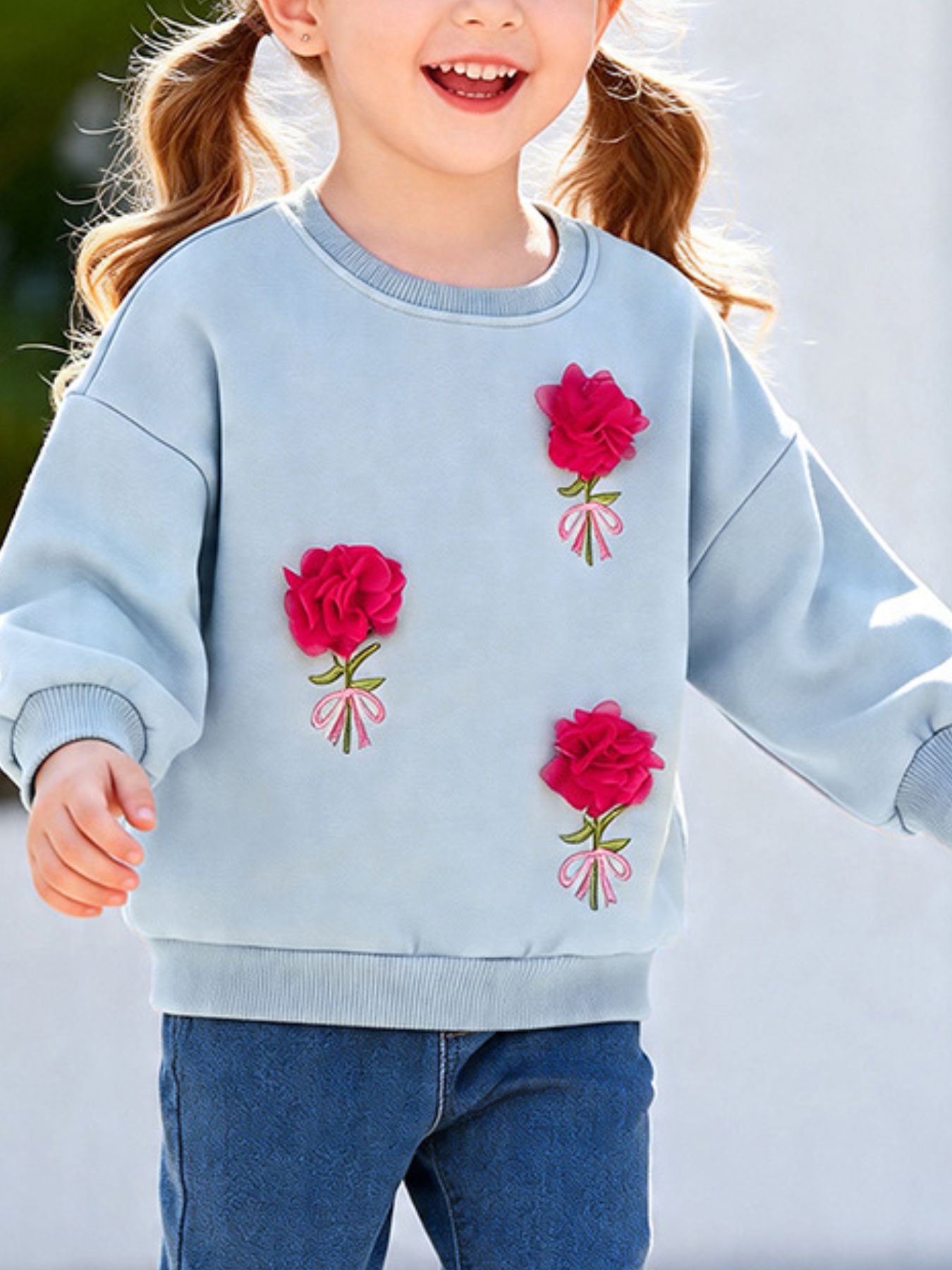 Children's Flower Applique Round Neck Sweatshirt