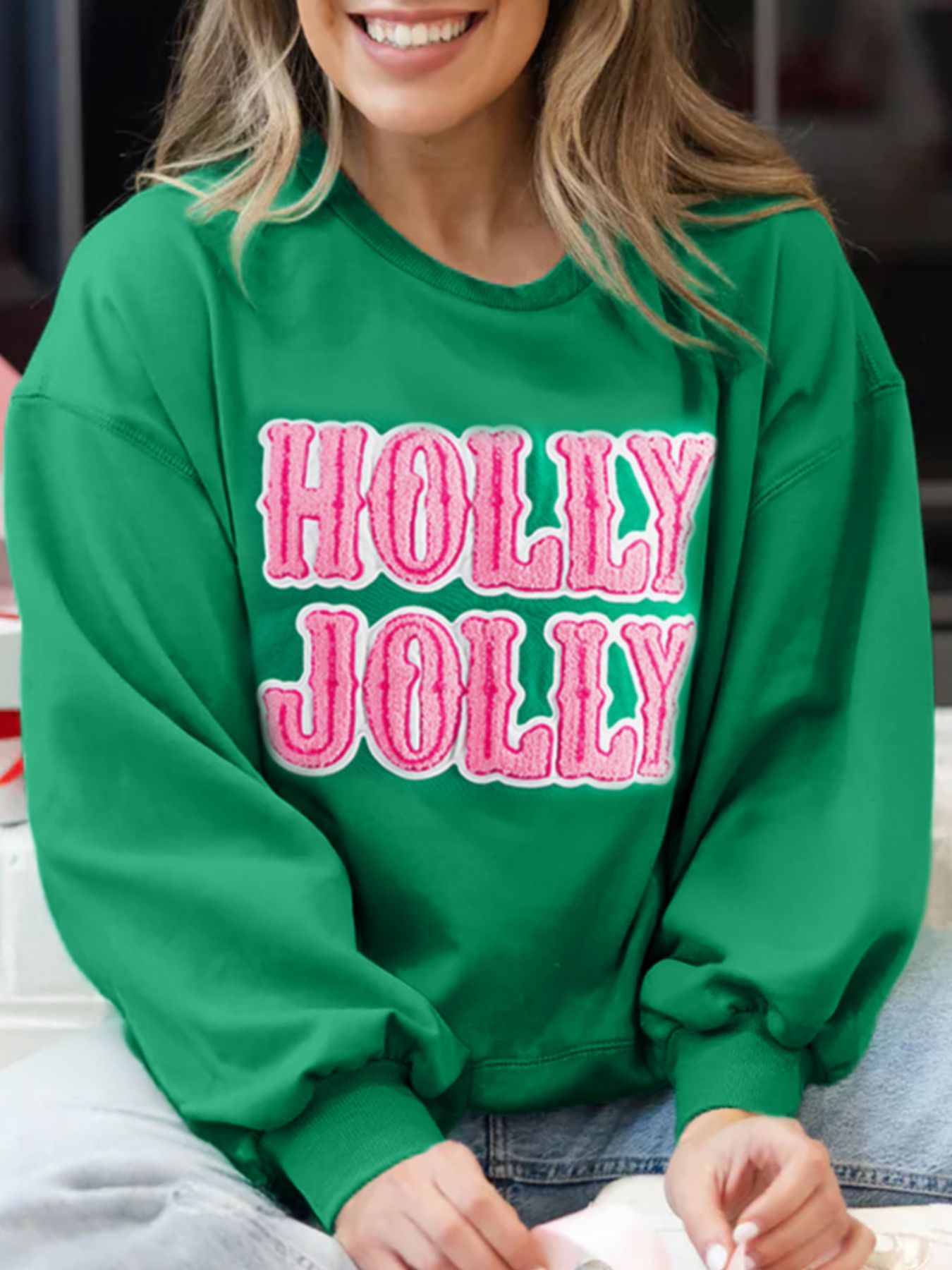 HOLLY JOLLY Towel Embroidered Christmas Holiday Sweatshirt