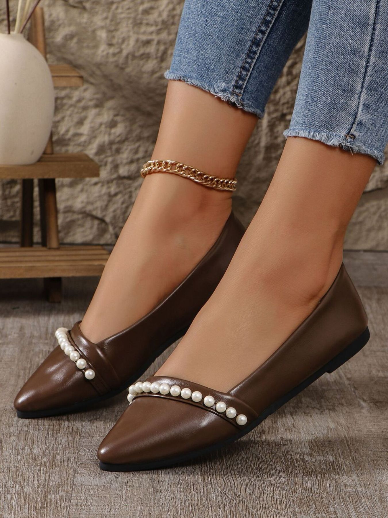 Pearl Embellished Pointed Toe Loafers