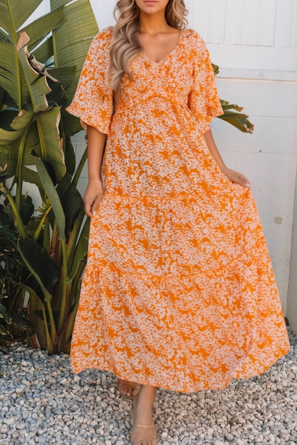 Floral Print Smocked V Neck Wide Sleeve Maxi Dress