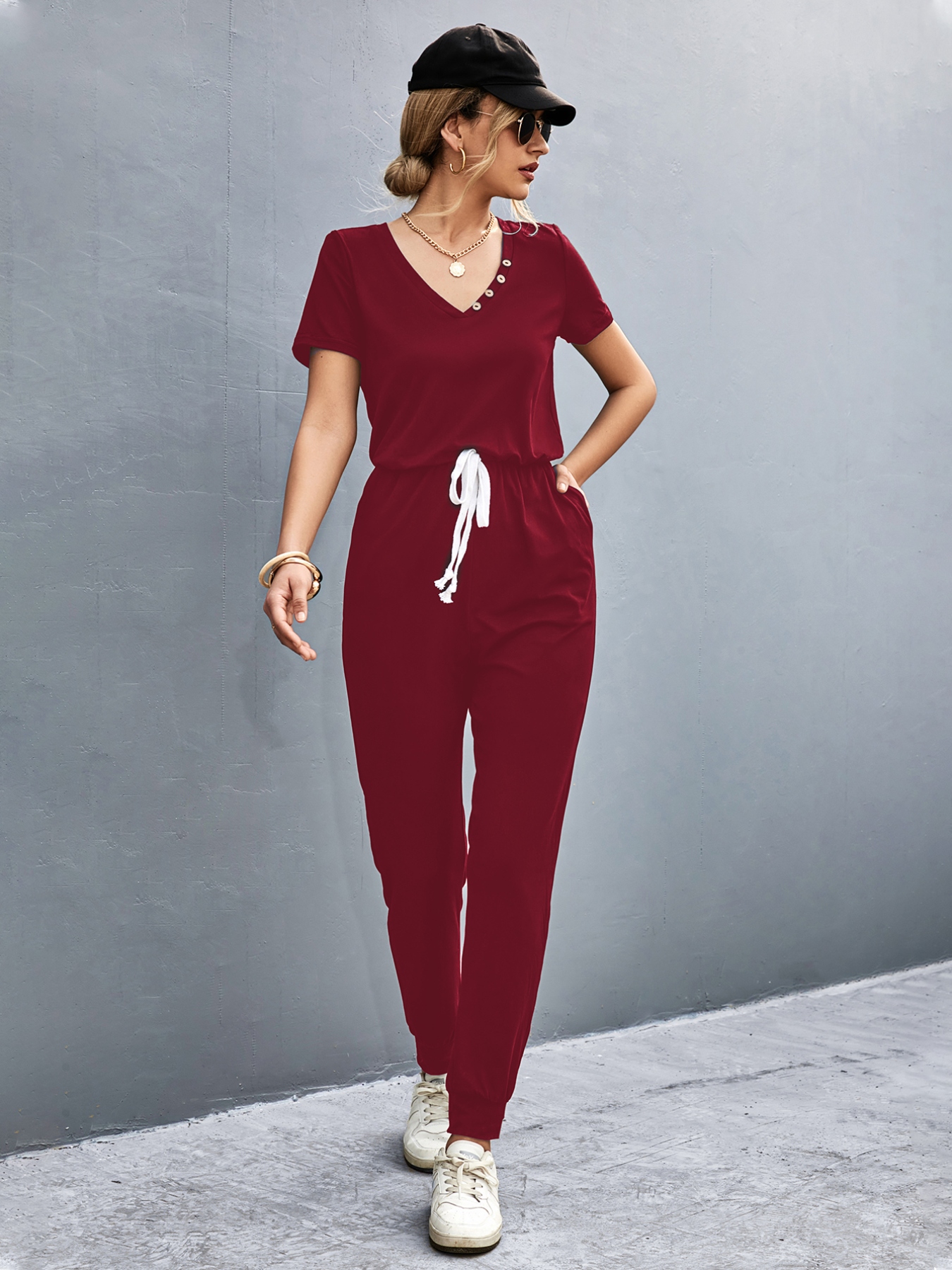 Casual V-Neck Short Sleeve Drawstring Waist Jumpsuit